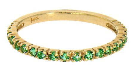 Stackable pave set round man made gemstone anniversary band in 14k white gold and 14k yellow gold.