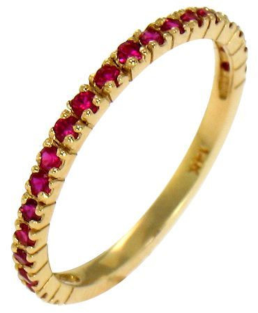Stackable pave set round man made ruby anniversary band in 14k yellow gold.
