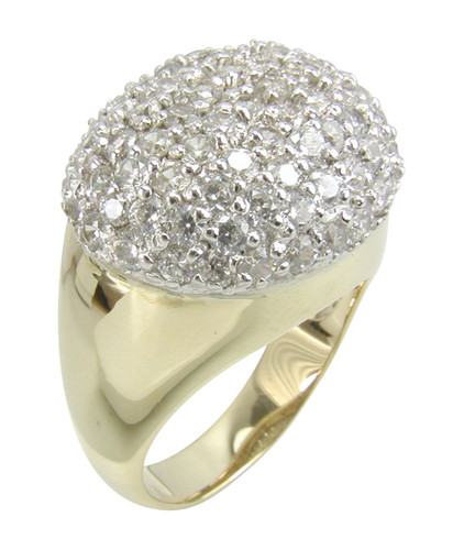 Rotunda pave set round laboratory grown diamond alternative cubic zirconia domed 14k two tone gold right hand ring or cocktail ring.