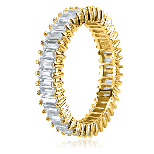 Baguette single prong set laboratory grown diamond simulant cubic zirconia eternity band in 14k white gold.