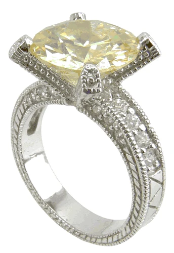 Art Deco styled 4 carat round laboratory grown diamond alternative cubic zirconia pave engraved solitaire in 14k white gold.