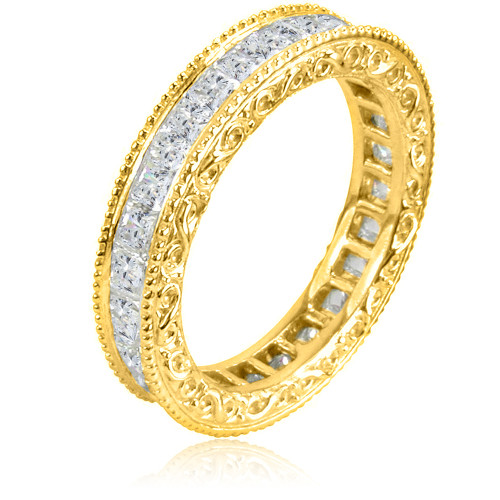 Engraved victorian channel set princess cut laboratory grown diamond simulant cubic zirconia engraved eternity wedding band in 14k gold gold.