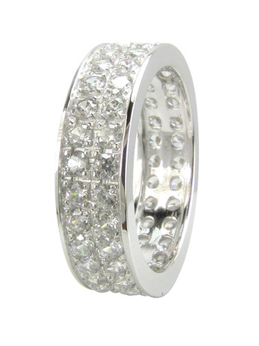 Double row pave set round lab grown diamond simulant cubic zirconia eternity band in platinum.