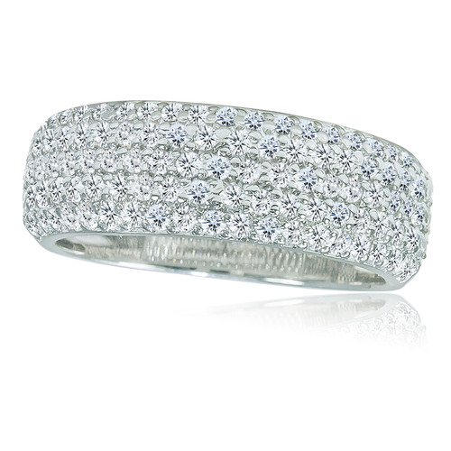 Micro pave set round lab grown diamond simulant cubic zirconia anniversary band in platinum.