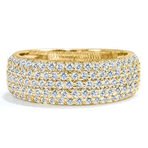 Micro pave set round lab grown diamond simulant cubic zirconia anniversary band in 14k yellow gold.