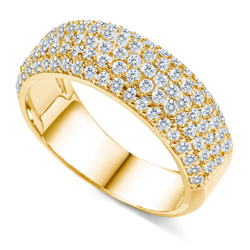 Micro pave set round lab grown diamond simulant cubic zirconia anniversary band in 14k yellow gold.