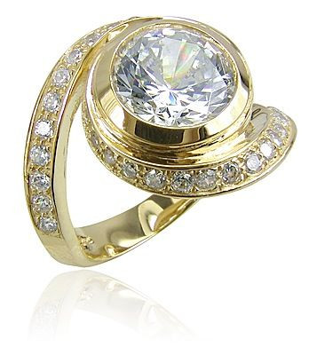 Round 3 Carat Bezel Set Pave Swirl Solitaire Engagement Ring with lab grown diamond look cubic zirconia in 14k yellow gold.
