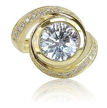 Round 3 Carat Bezel Set Pave Swirl Engagement Ring with lab grown diamond simulant cubic zirconia in 14k yellow gold.