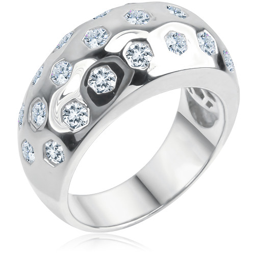 Polka Dot Round Burnish Set Domed Band with laboratory grown diamond alternative cubic zirconia in 14k white gold.