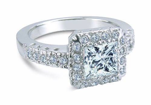Princess De Suisse 1 carat princess cut square lab grown diamond simulant cubic zirconia halo style antique estate style ring in 14k white gold.