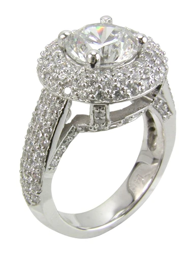 Brighton 2 carat round lab grown diamond alternative cubic zirconia pave encrusted halo engagement ring in 14k white gold.