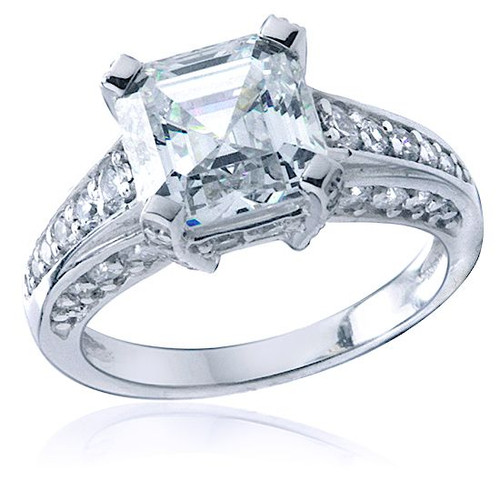 Asscher Cut 2.5 Carat Cathedral Pave Solitaire Engagement Ring with lab grown diamond look cubic zirconia in 14k white gold.