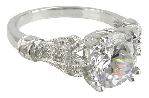 Round 2 Carat Pave Solitaire Engagement Ring with laboratory grown diamond simulant cubic zirconia in platinum.