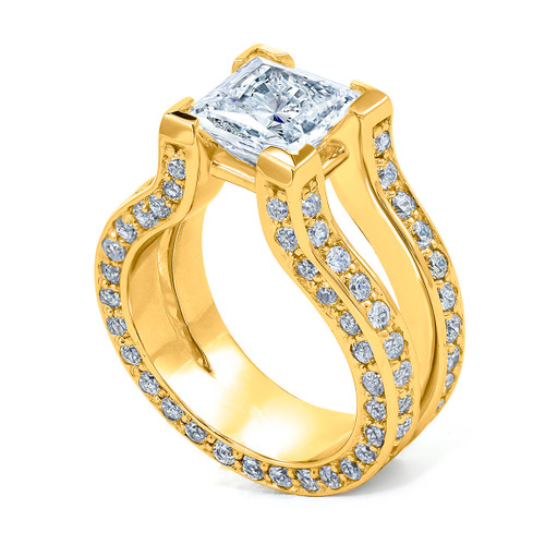 Omega princess cut lab grown diamond simulant cubic zirconia pave split shank solitaire engagement ring in 14k yellow gold.