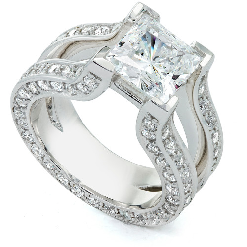 Omega princess cut lab grown diamond simulant cubic zirconia pave split shank solitaire engagement ring in 14k white gold.
