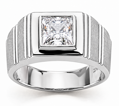 Geometrics Princess Cut Bezel Set Mens Ring with lab created diamond look cubic zirconia in Platinum.