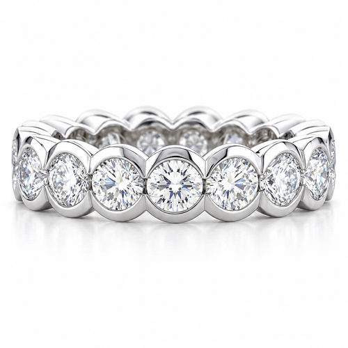Semi bezel set round lab created diamond look alternative cubic zirconia eternity band in 14k white gold and platinum.
