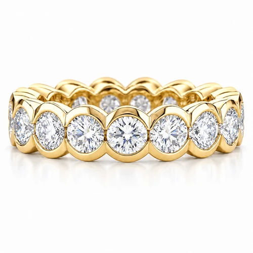 Semi bezel set round lab grown diamond simulant cubic zirconia eternity band in 14k yellow gold.
