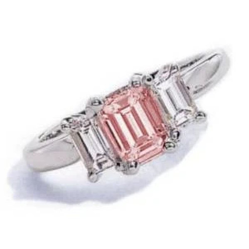 The Jen Ring Inspiration 2.5 Carat Pink Emerald Step Cut Laboratory Grown Diamond Alternative Cubic Zirconia Three Stone Solitaire Engagement Ring