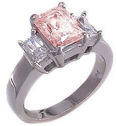 The Jen Ring Inspiration 1.5 Carat Pink Emerald Step Cut Laboratory Grown Diamond Alternative Cubic Zirconia Three Stone Solitaire Engagement Ring