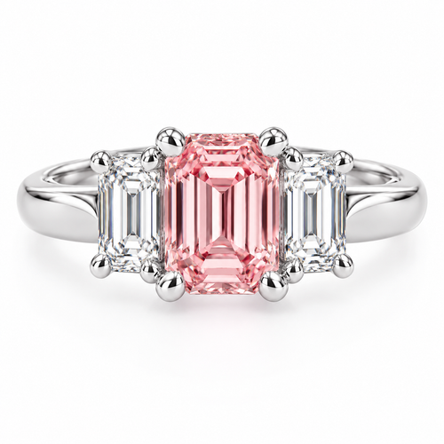 The Jen Ring Inspiration 1 Carat Pink Emerald Step Cut Laboratory Grown Diamond Alternative Cubic Zirconia Three Stone Solitaire Engagement Ring