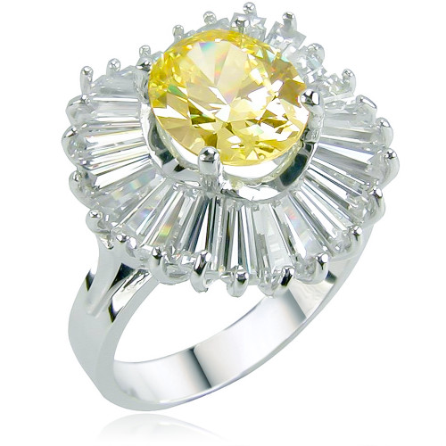 Tamron 1.5 carat oval canary lab grown diamond simulant cubic zirconia ballerina baguette cluster ring in 14k white gold.