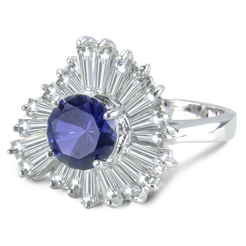 Ballerina cluster ring with lab grown diamond quality cubic zirconia tapered baguettes and a man made sapphire gem in solid 14k white gold.