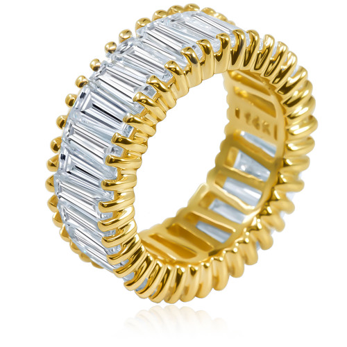 Dovetail tapered baguette prong set lab grown diamond simulant cubic zirconia eternity band in 14k yellow gold.
