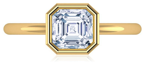 Bezellia 2.5 carat asscher cut lab grown diamond quality cubic zirconia bezel set solitaire engagement ring in 14k yellow gold.