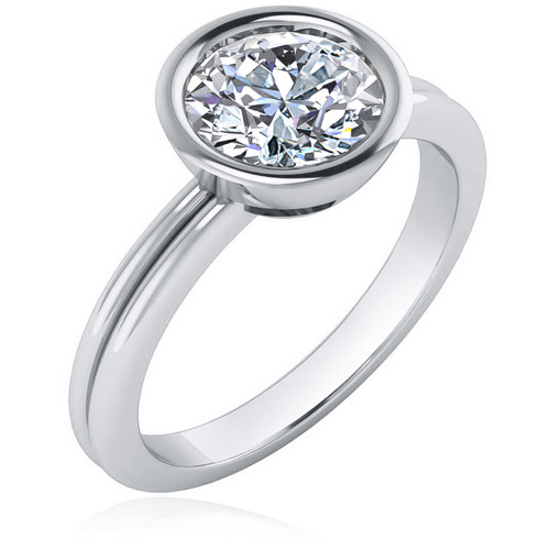 Round 1.5 Carat Bezel Set Solitaire Engagement Ring with lab grown diamond alternative cubic zirconia in 14k white gold.