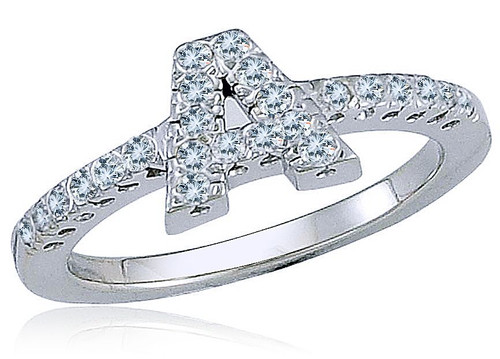 Capital letter initial pave set laboratory grown diamond quality cubic zirconia ring in 14k white gold.