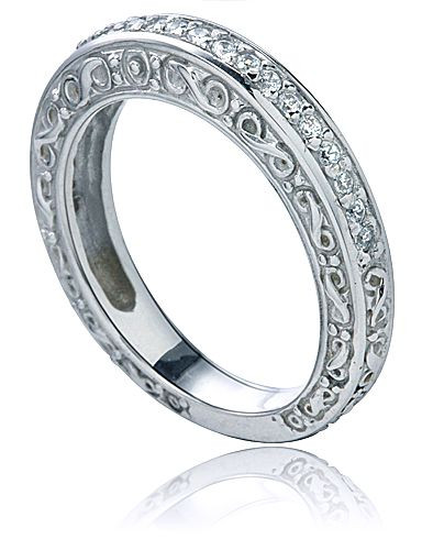 Eliza pave Russian formula lab grown diamond simulant cubic zirconia antique engraved wedding band in 14k white gold.