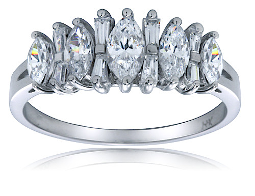 Caron marquise and tapered baguette lab grown diamond look cubic zirconia anniversary band in 14k white gold.