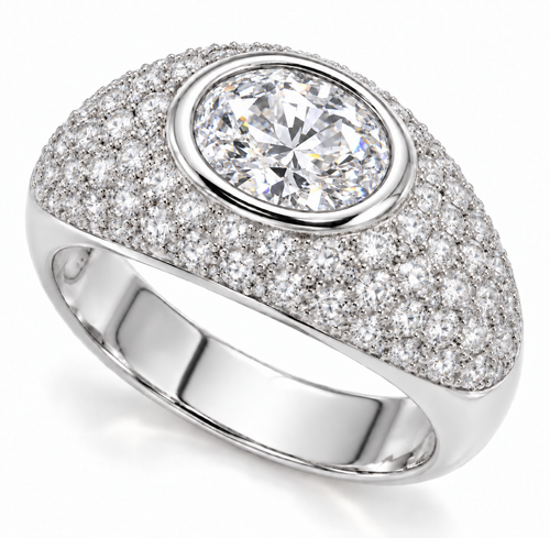 Bezel set 1.5 carat oval lab grown pave domed diamond look alternative cubic zirconia ring in 14k white gold.