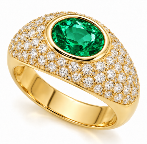 Bezel set 1.5 carat oval lab grown pave domed diamond look cubic zirconia and man made emerald ring in 14k yellow gold.