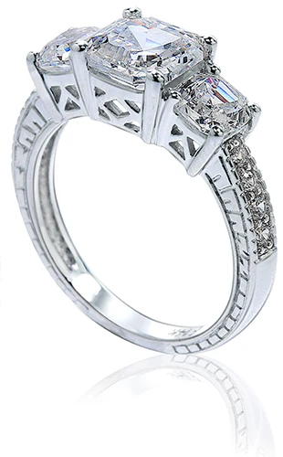Three stone 1.5 carat asscher cut estate engraved lab grown diamond simulant cubic zirconia anniversary ring in 14k white gold.
