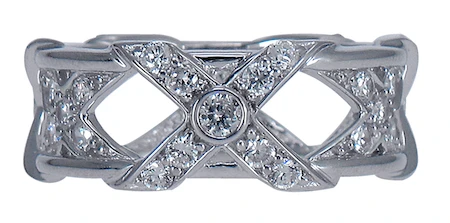 Xenia bezel set round lab grown diamond alternative cubic zirconia pave X design eternity band in 14k white gold.