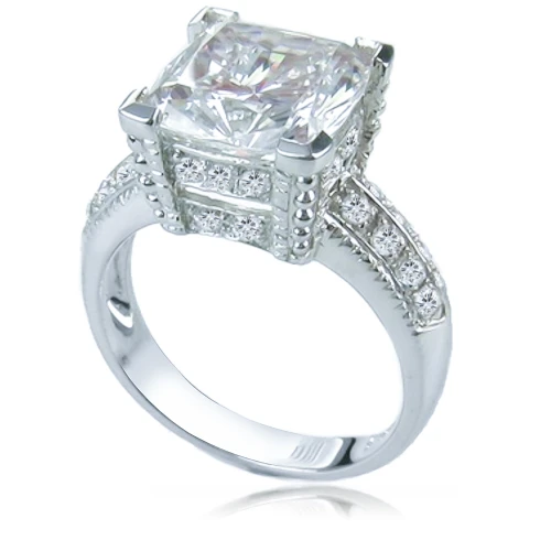 Cushion cut 7 carat lab grown diamond simulant cubic zirconia pave solitaire engagement ring in 14k gold.