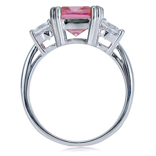 Pink 2.5 carat cushion cut lab grown diamond quality cubic zirconia with ovals in 14k white gold.