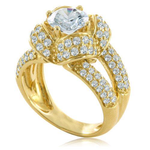 Ribbon 1.5 carat round and pave lab grown diamond alternative cubic zirconia engagement ring in 14k yellow gold.