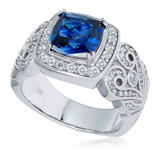 Cushion cut 2.5 carat lab grown diamond alternative cubic zirconia engagement ring in 14k white gold.