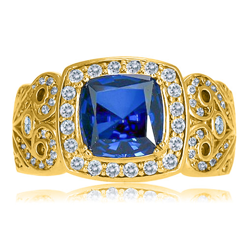 Cushion cut 2.5 carat lab grown diamond alternative cubic zirconia engagement ring in 14k yellow gold.