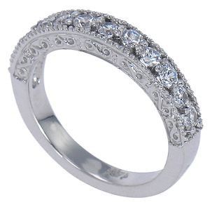Markham estate styled round lab grown diamond alternative cubic zirconia antique anniversary band in 14k white gold.