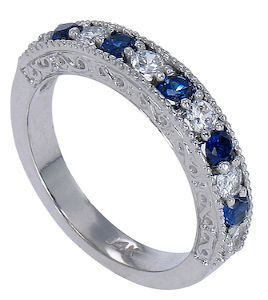 Markham estate man made sapphire round lab grown diamond look cubic zirconia antique anniversary band in 14k white gold.