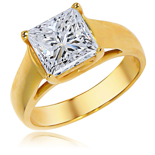 Princess cut 1.5 carat laboratory grown diamond look cubic zirconia criss cross trellis style prong set solitaire engagement ring in 14k yellow gold.