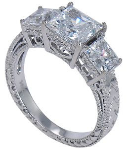 Cumbria 1.5 carat princess cut laboratory grown diamond simulant cubic zirconia three stone anniversary ring in 14k white gold.