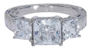 Cumbria 1.5 carat princess cut laboratory grown diamond alternative cubic zirconia three stone anniversary ring in 14k white gold.