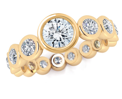 Round 2 Carat Bezel Set Graduated Engagement Ring with laboratory grown diamond look cubic zirconia in 14k yellow gold.