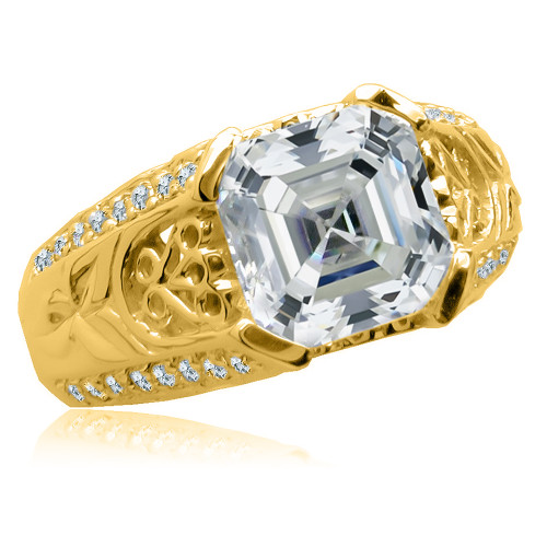Asscher cut 2.5 carat lab grown diamond simulant cubic zirconia engraved pave set round engagement ring in 14k yellow gold.
