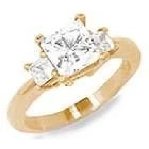 Three Stone 1 Carat Princess Cut Engagement Ring with lab grown simulated diamond quality cubic zirconia in 14k yellow gold.